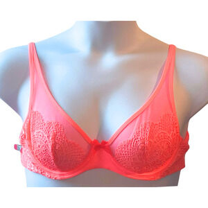 Victoria's Secret Body by Victoria Sz 34C Unlined Demi Lace & Mesh Coral Orange